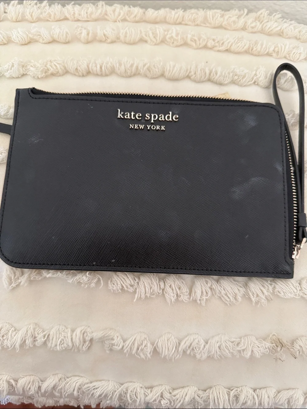 kate spade New York Black Saffiano Wristlet Clutch with Gold Logo